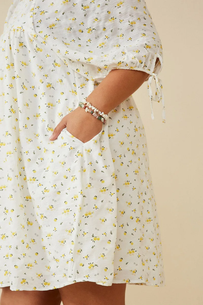 Womens Textured Ditsy Floral Square Neck Tie Sleeve Dress
