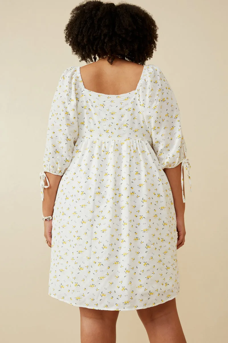 Womens Textured Ditsy Floral Square Neck Tie Sleeve Dress