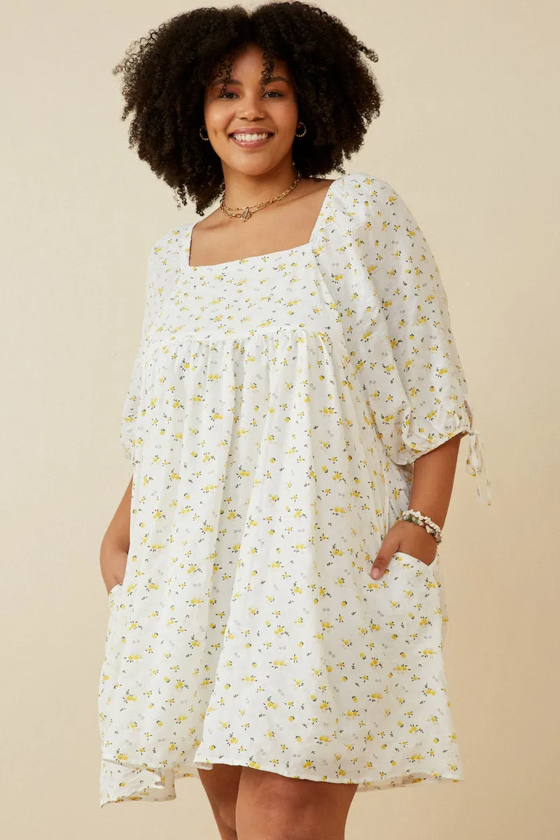 Womens Textured Ditsy Floral Square Neck Tie Sleeve Dress