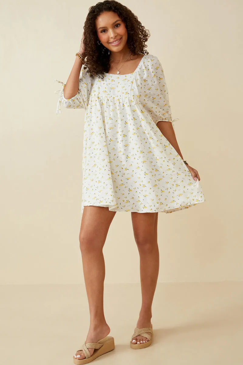 Womens Textured Ditsy Floral Square Neck Tie Sleeve Dress