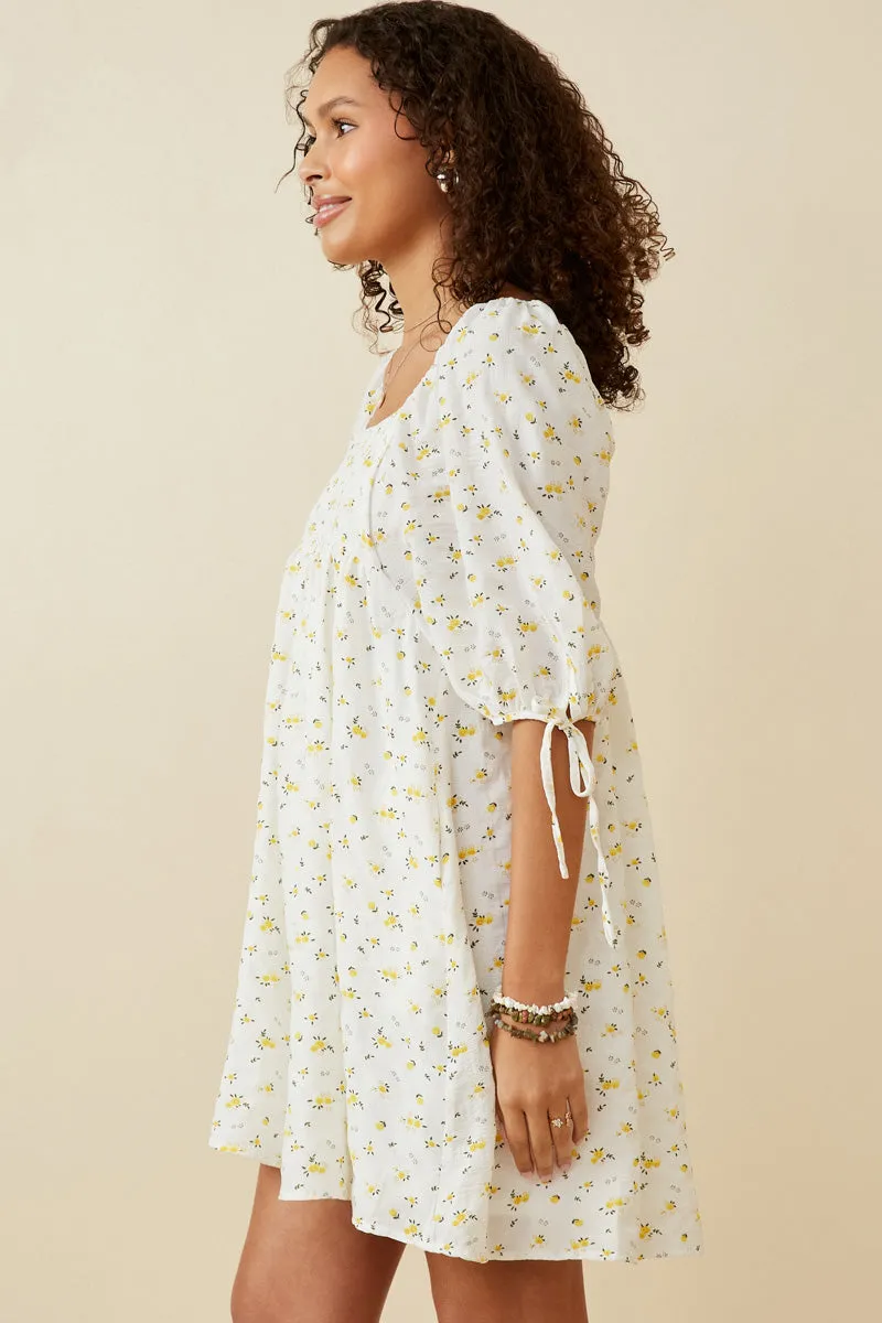 Womens Textured Ditsy Floral Square Neck Tie Sleeve Dress