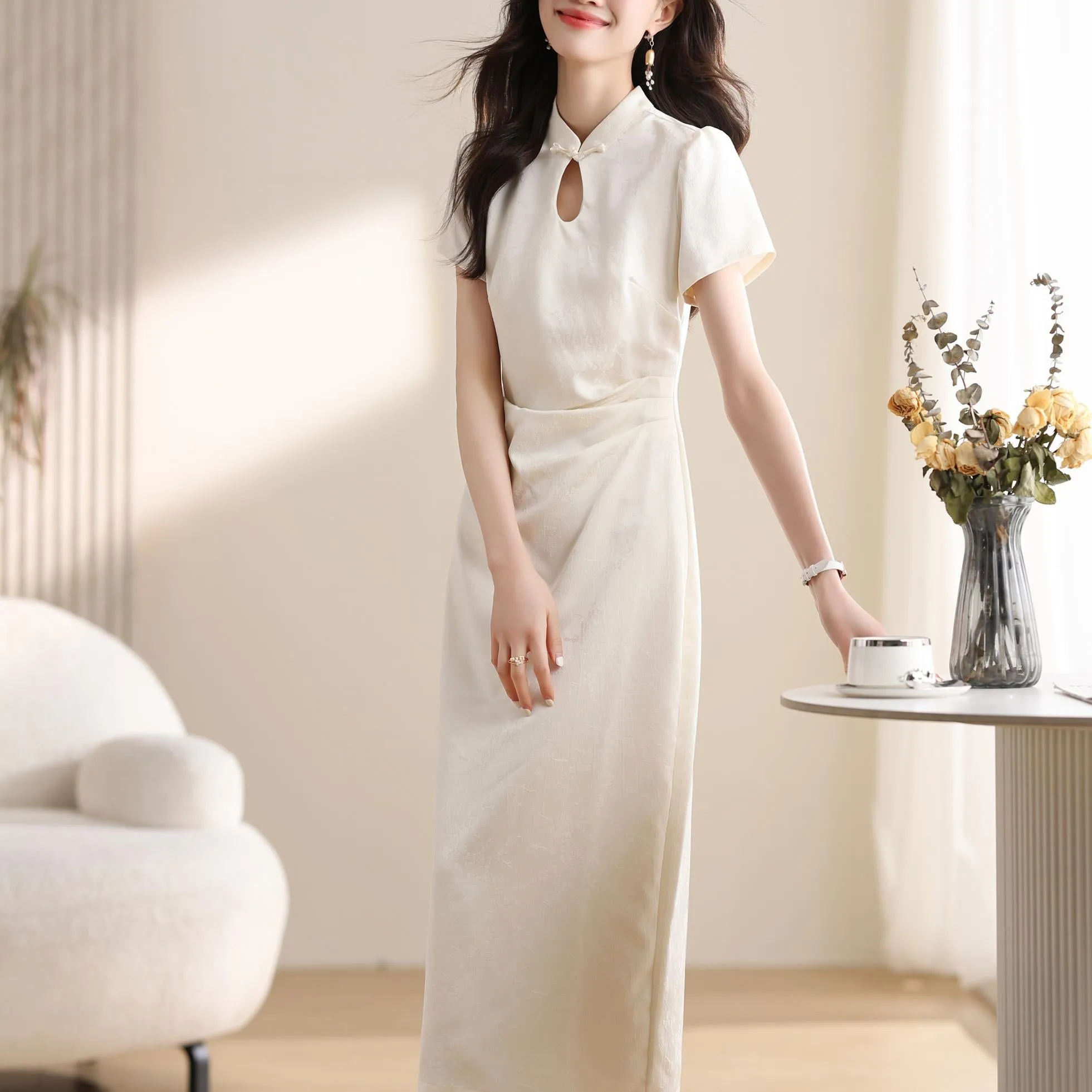 Women's Textured Print Maxi Qipao with Stunning Jacquard Design