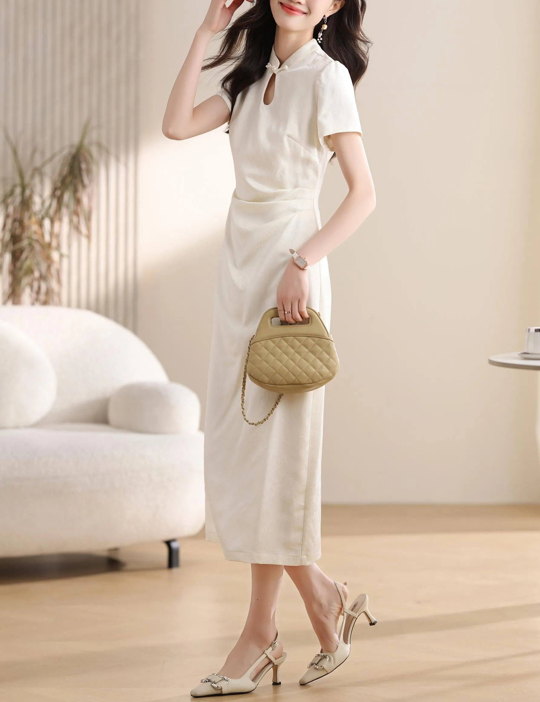 Women's Textured Print Maxi Qipao with Stunning Jacquard Design
