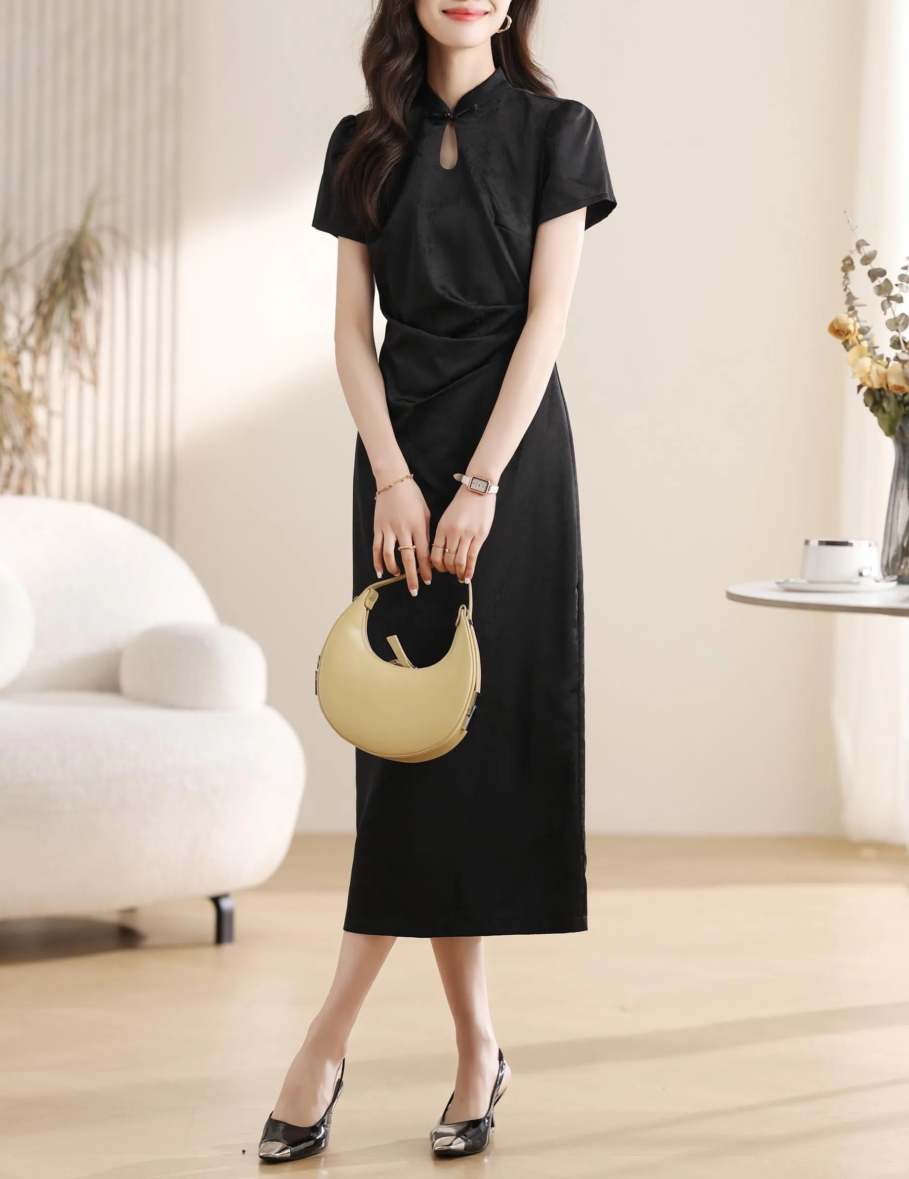 Women's Textured Print Maxi Qipao with Stunning Jacquard Design