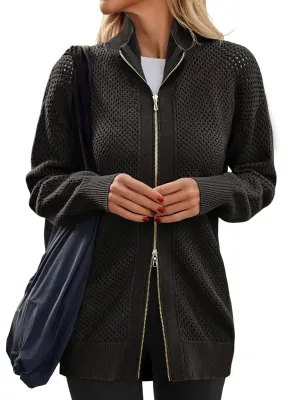 Womens Turtleneck Zip Up Cardigan Oversized Drop Shoulder Long Sleeve Casual Solid Mesh Knit Jumper Tops Black
