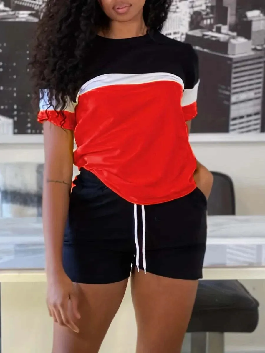 Women's Two Piece Summer Sets short sleeve O-Neck Pullover T-Shirt