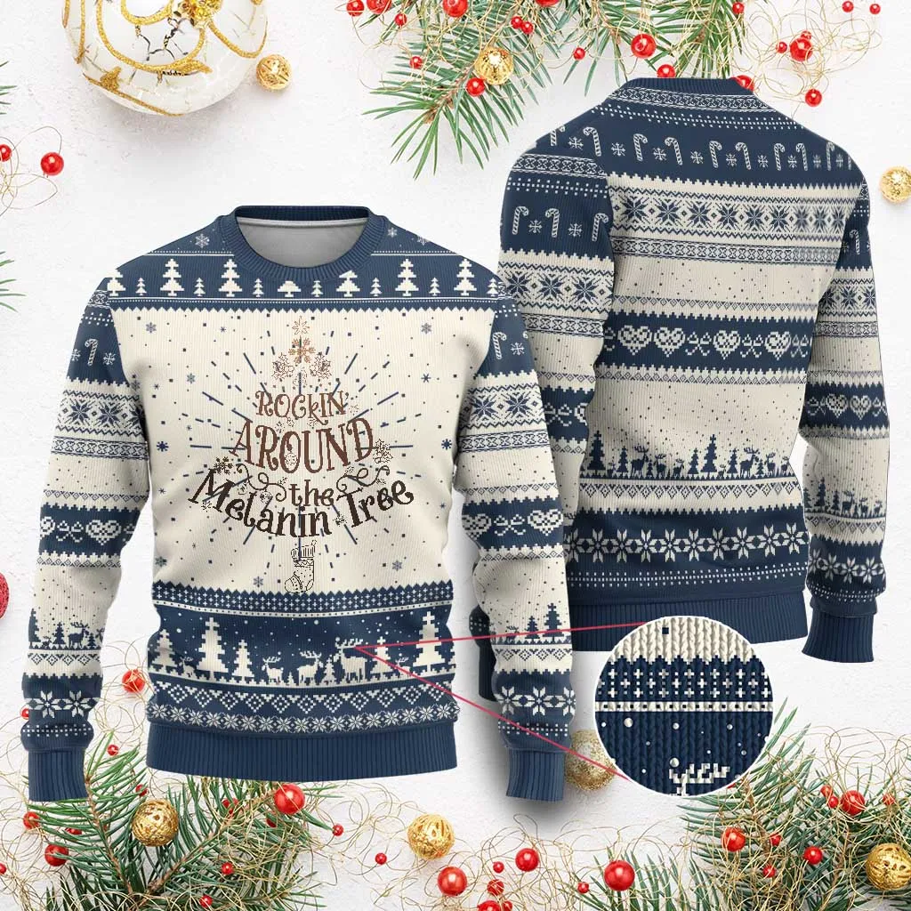 Xmas African American Ugly Christmas Sweater Rockin' Around The Melanin Xmas Tree TS11