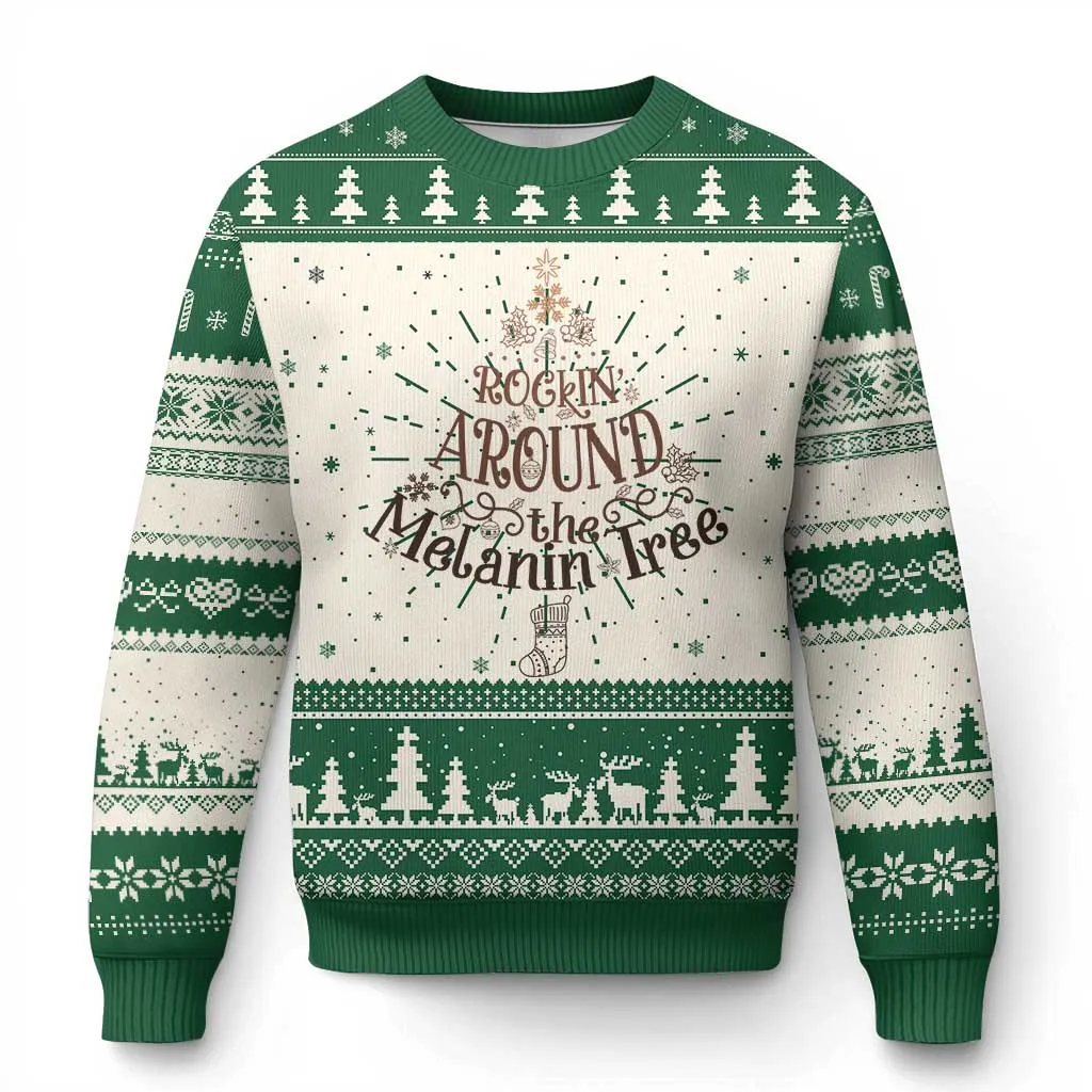 Xmas African American Ugly Christmas Sweater Rockin' Around The Melanin Xmas Tree TS11