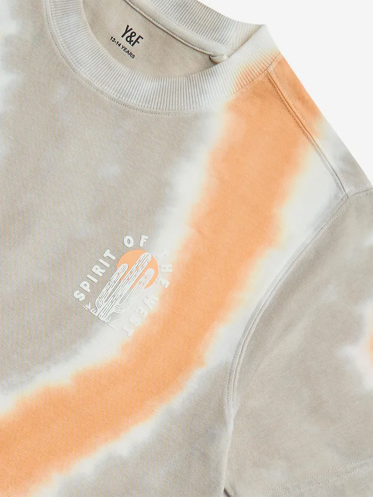Y&F Kids Beige Tie-Dye Printed Cotton T-Shirt