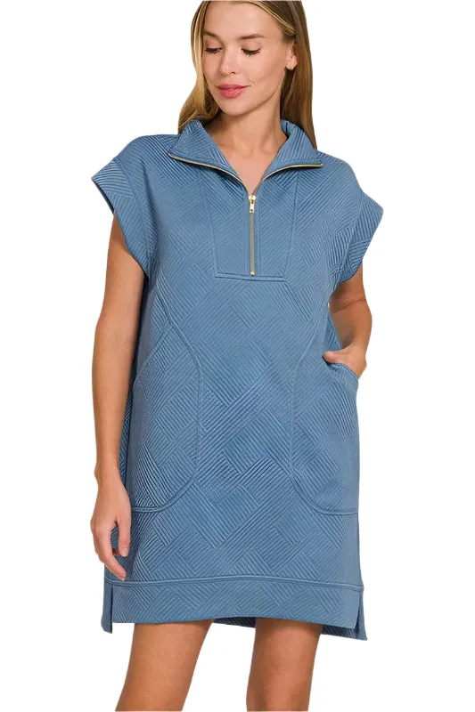 Zenana Textured Knit Jacquard Quarter Zipper Mini Dress