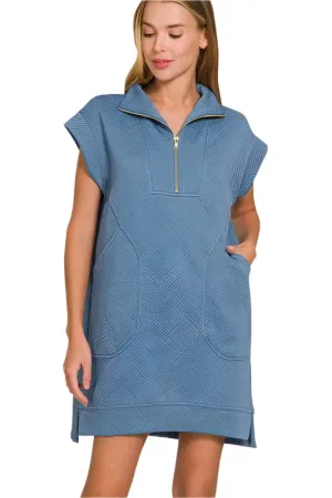 Zenana Textured Knit Jacquard Quarter Zipper Mini Dress